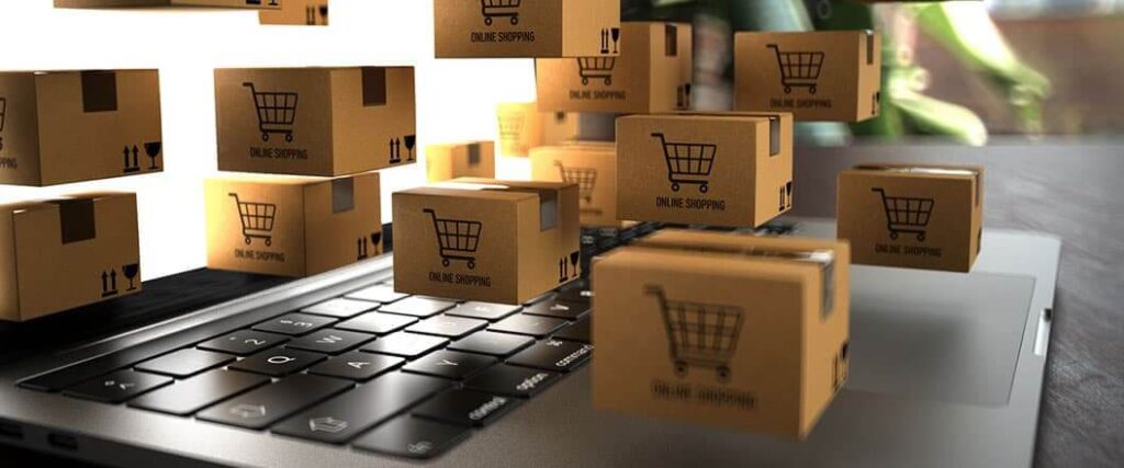 A fanciful depiction of ecommerce via a laptop with several packages issuing forth from its screen.